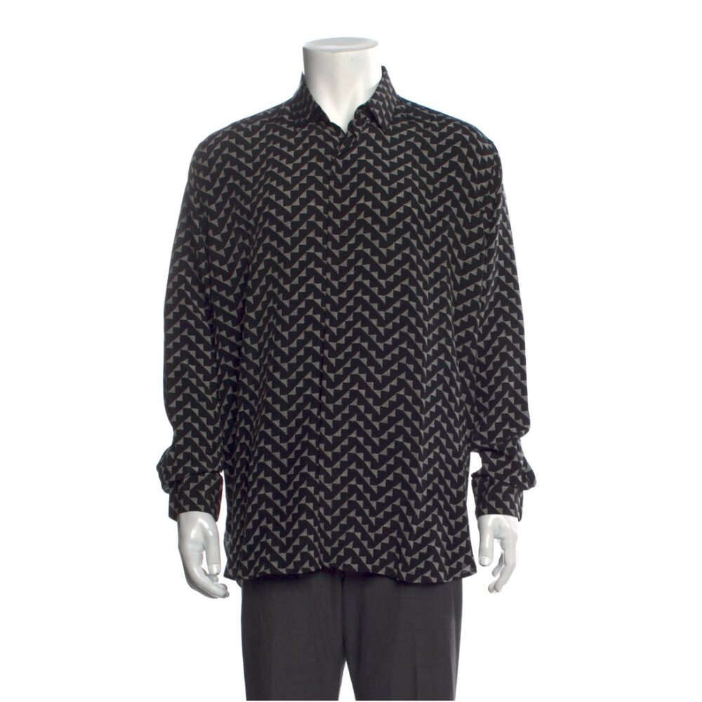 Saint Laurent Geometric Print Silk Crepe De Chine Shirt In Black 15.5